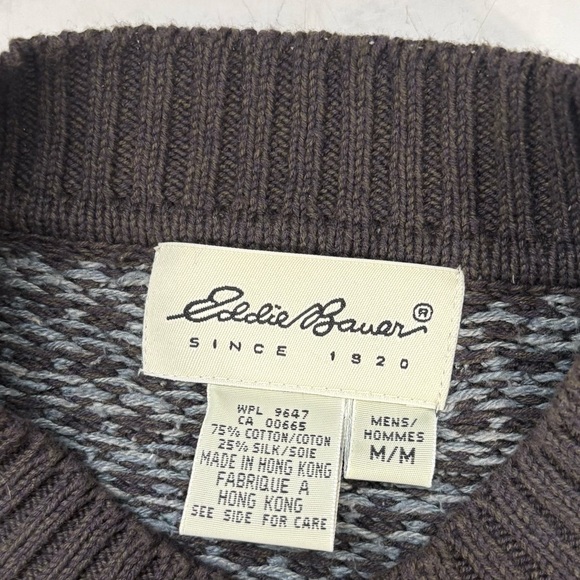 Eddie Bauer Men’s Size Medium Brown Blue Pattern Knit Grandpa Sweater Vintage - Picture 4 of 5